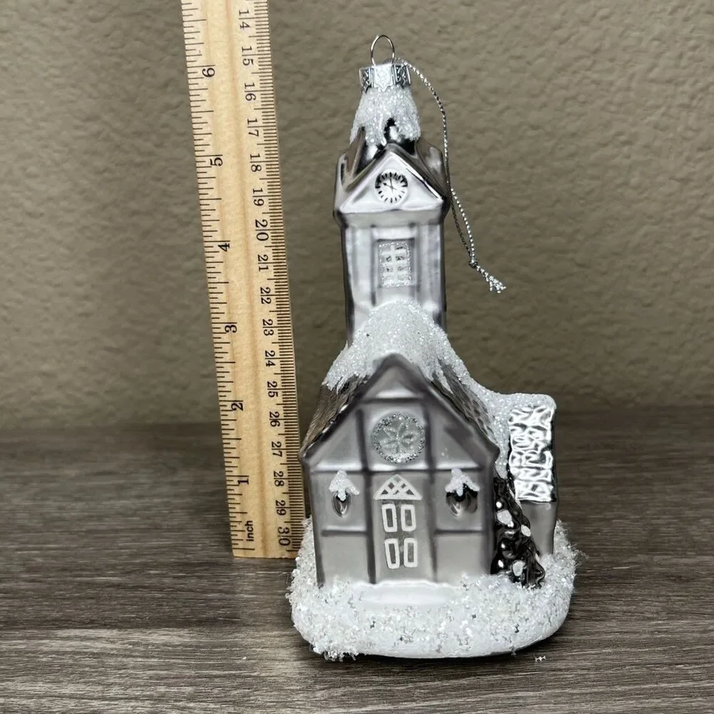 Hand Blown Glass White Silver Glitter House Church Christmas Ornament 6